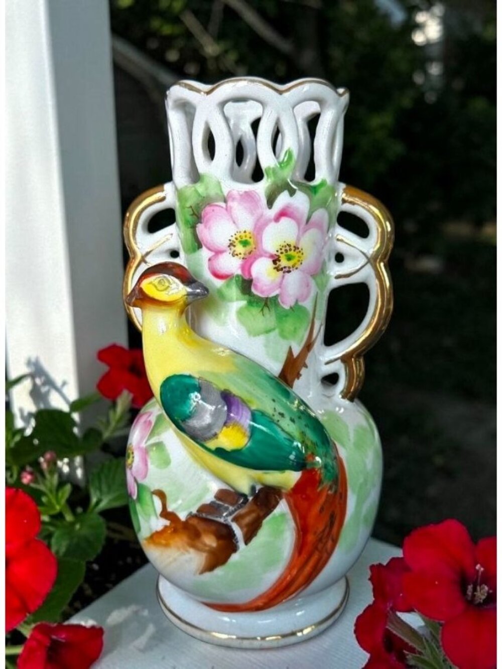 Occupied Japan Porcelain Vase With Bird Floral Design & Gold Accents
